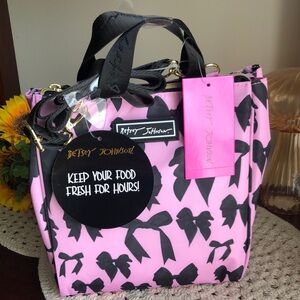 Betsey Johnson Pink and Black Bow Insulated Lunch Tote Bag